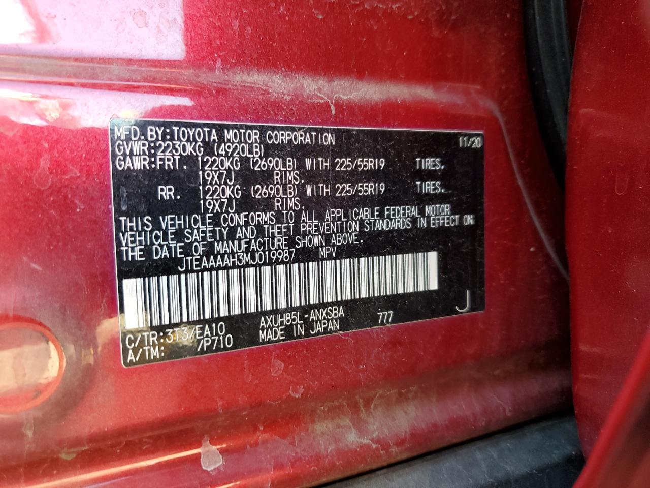 2021 Toyota Venza Le VIN: JTEAAAAH3MJ019987 Lot: 63427125