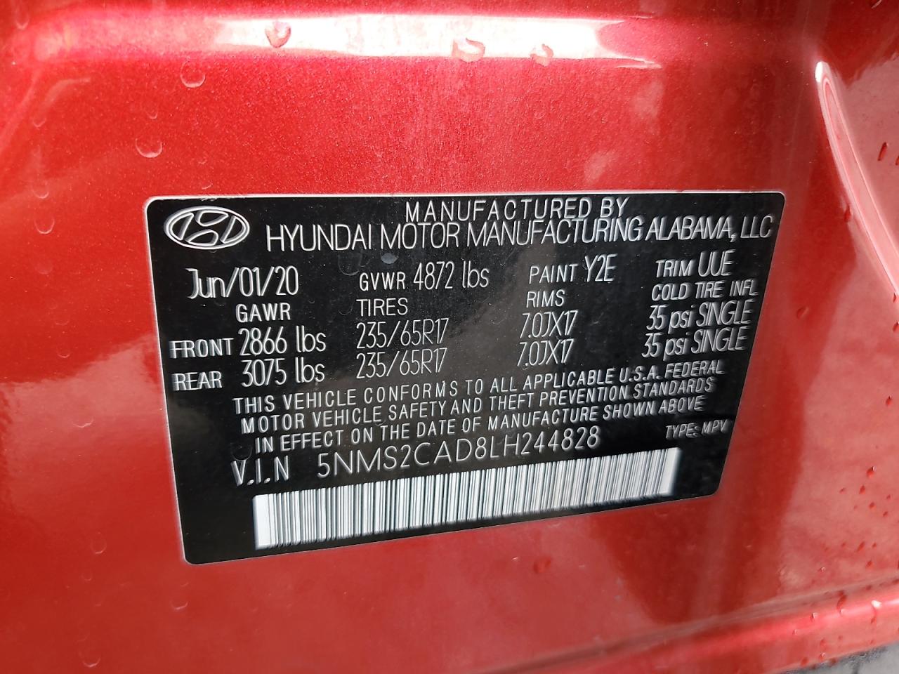 2020 Hyundai Santa Fe Se VIN: 5NMS2CAD8LH244828 Lot: 64198265