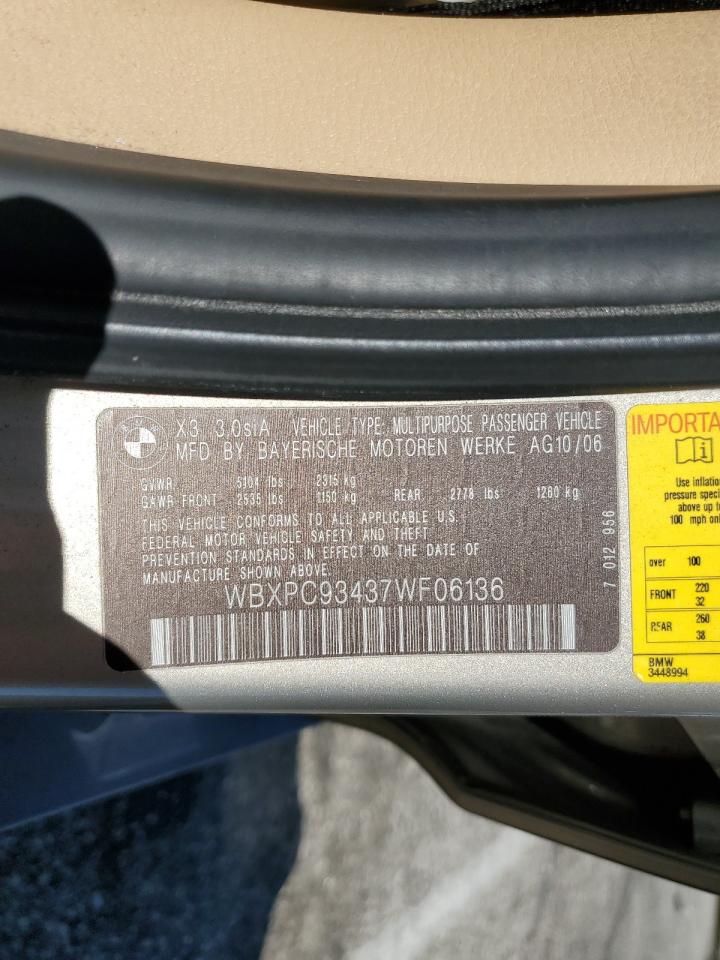 2007 BMW X3 3.0Si VIN: WBXPC93437WF06136 Lot: 66763965