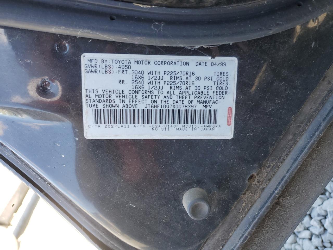 1999 Lexus Rx 300 VIN: JT6HF10U7X0078397 Lot: 63402825