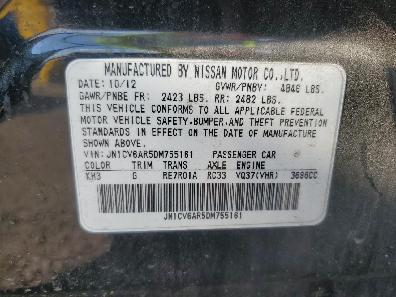 2013 Infiniti G37 VIN: JN1CV6AR5DM755161 Lot: 65507885