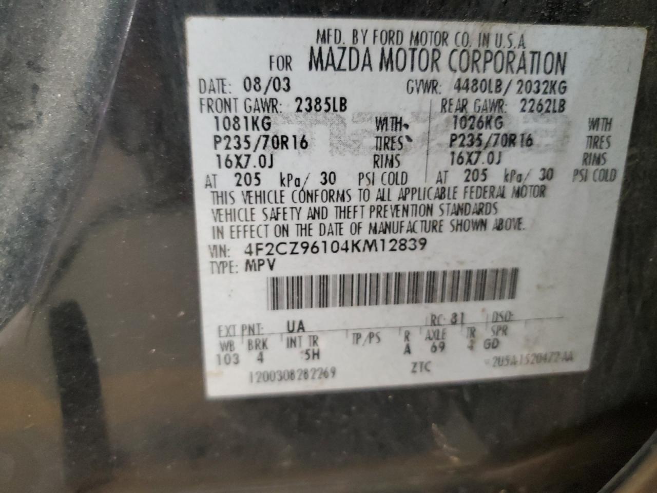 2004 Mazda Tribute Es VIN: 4F2CZ96104KM12839 Lot: 64648915