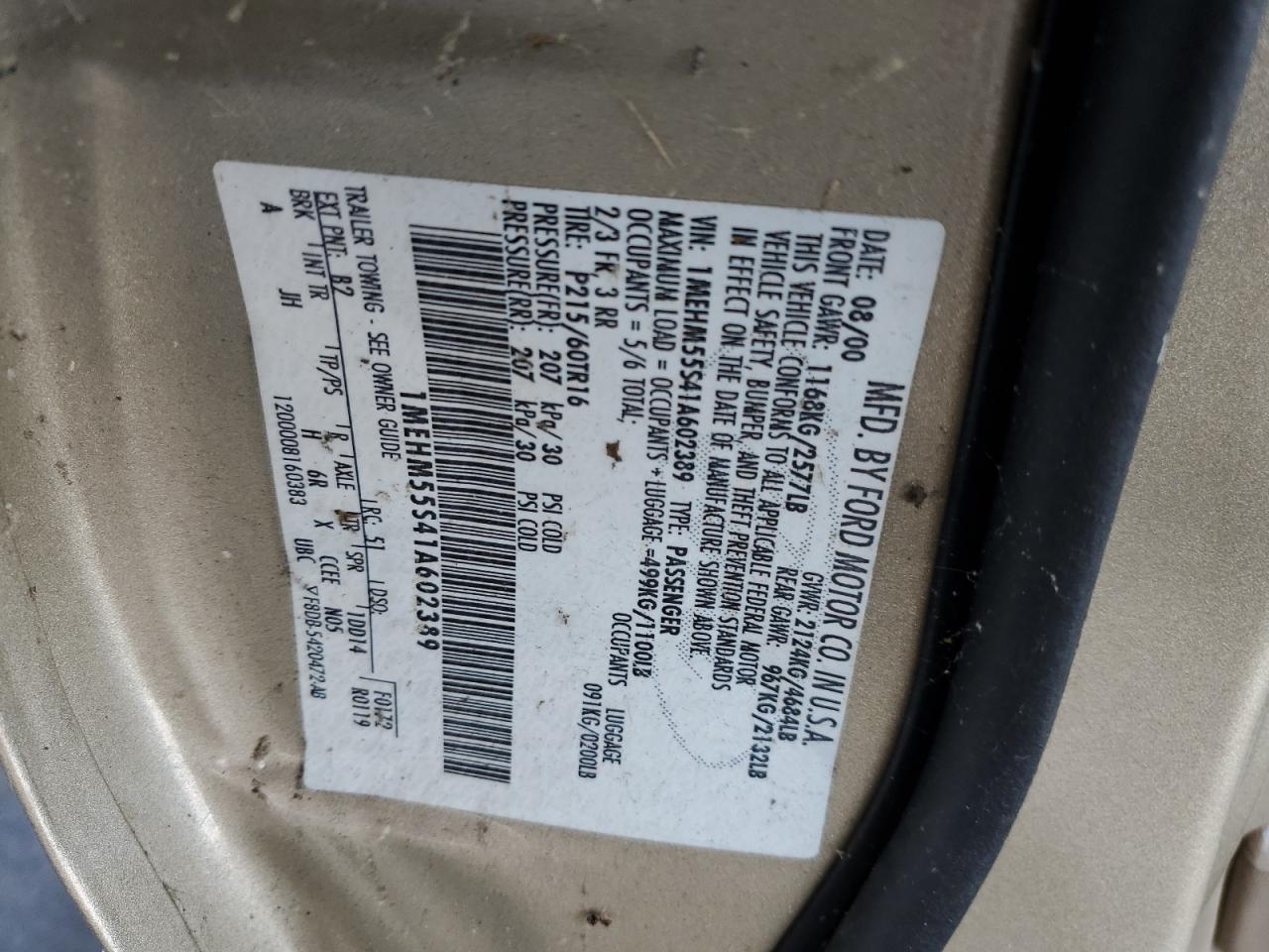 2001 Mercury Sable Ls Premium VIN: 1MEHM55S41A602389 Lot: 63114325