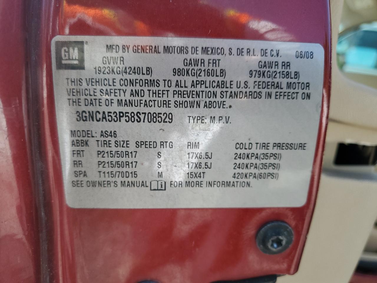 3gnca53p58s708529 3GNCA53P58S708529 2008 Chevrolet Hhr Lt