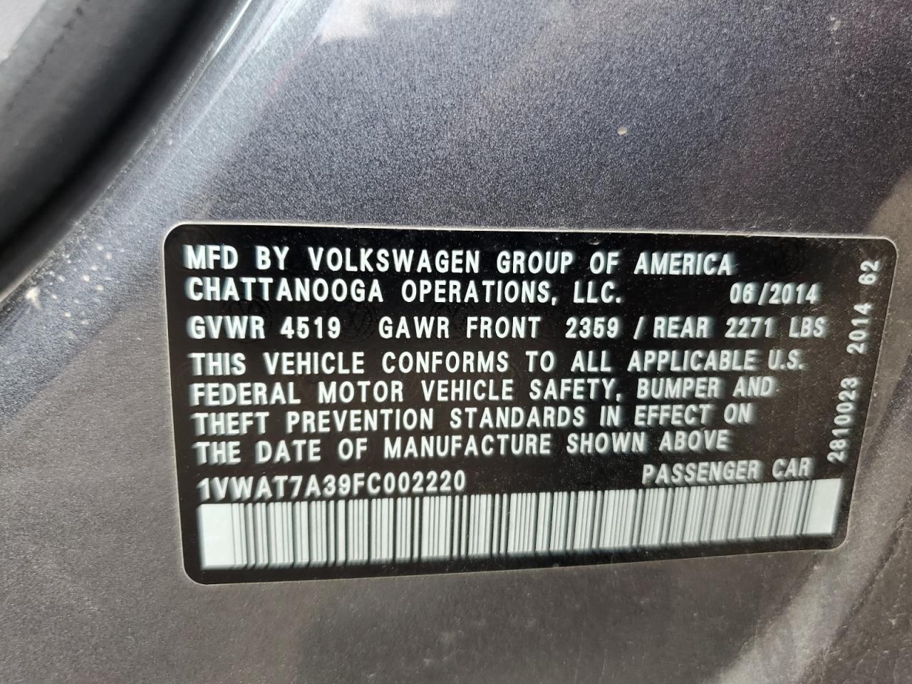 2015 Volkswagen Passat S VIN: 1VWAT7A39FC002220 Lot: 64906205