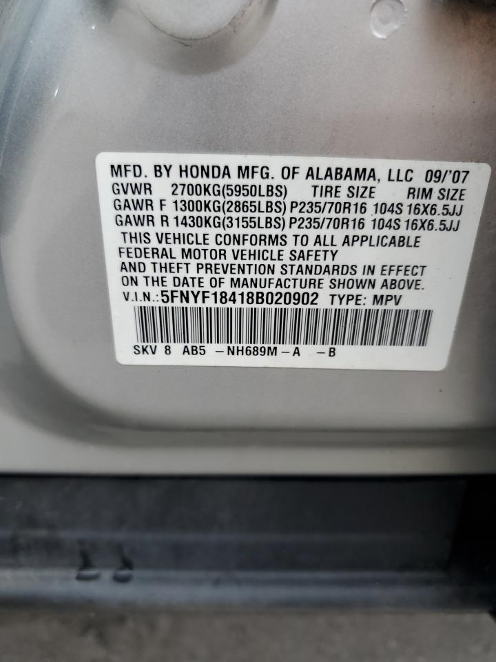 2008 Honda Pilot Ex VIN: 5FNYF18418B020902 Lot: 64808655