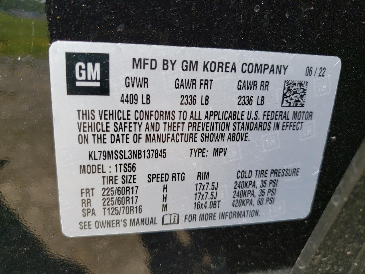 2022 Chevrolet Trailblazer Activ VIN: KL79MSSL3NB137845 Lot: 63572015