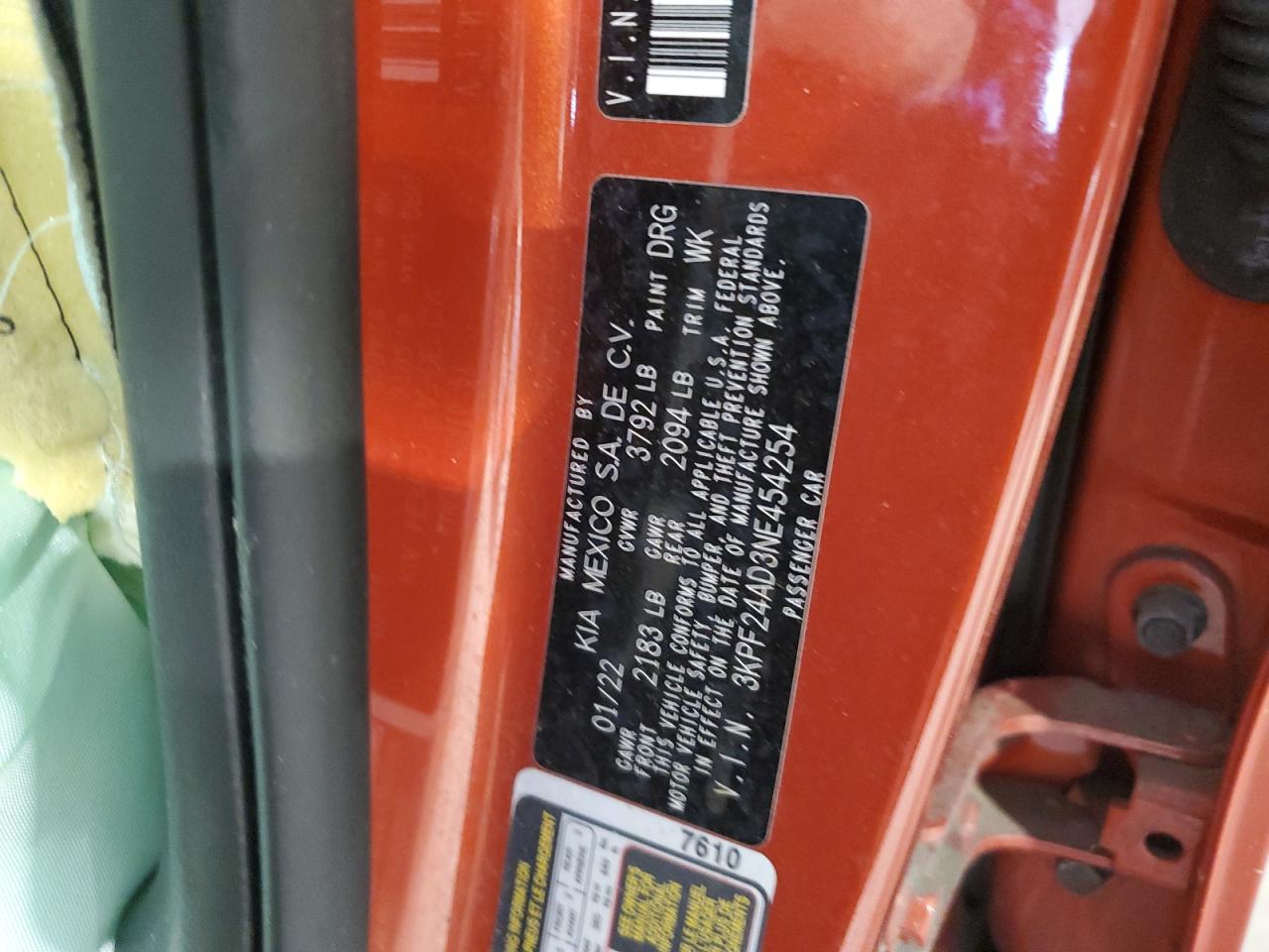 2022 Kia Forte Fe VIN: 3KPF24AD3NE454254 Lot: 65314155