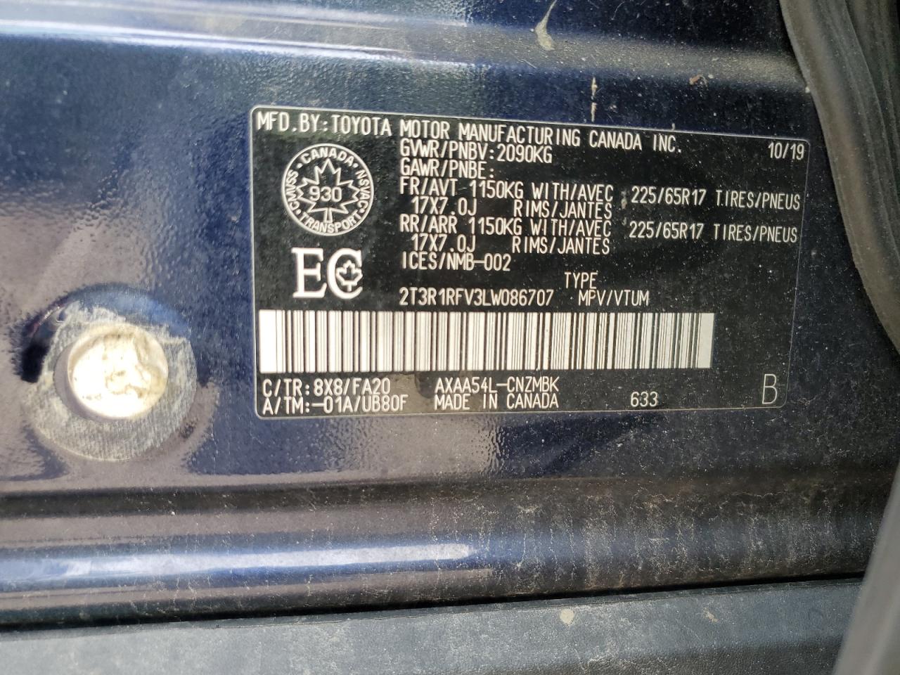 2020 Toyota Rav4 Xle VIN: 2T3R1RFV3LW086707 Lot: 63896505