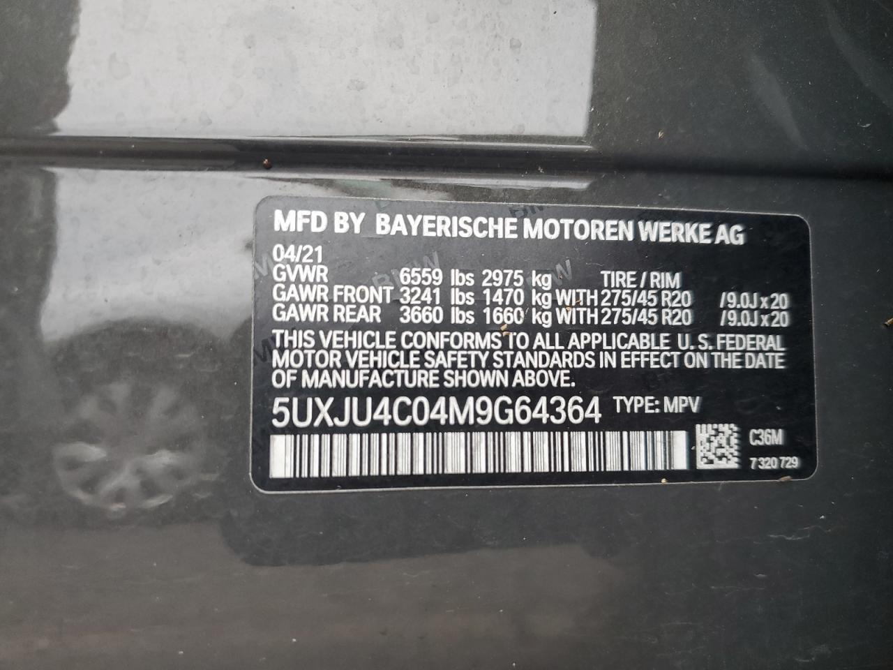 2021 BMW X5 M50I VIN: 5UXJU4C04M9G64364 Lot: 64832135