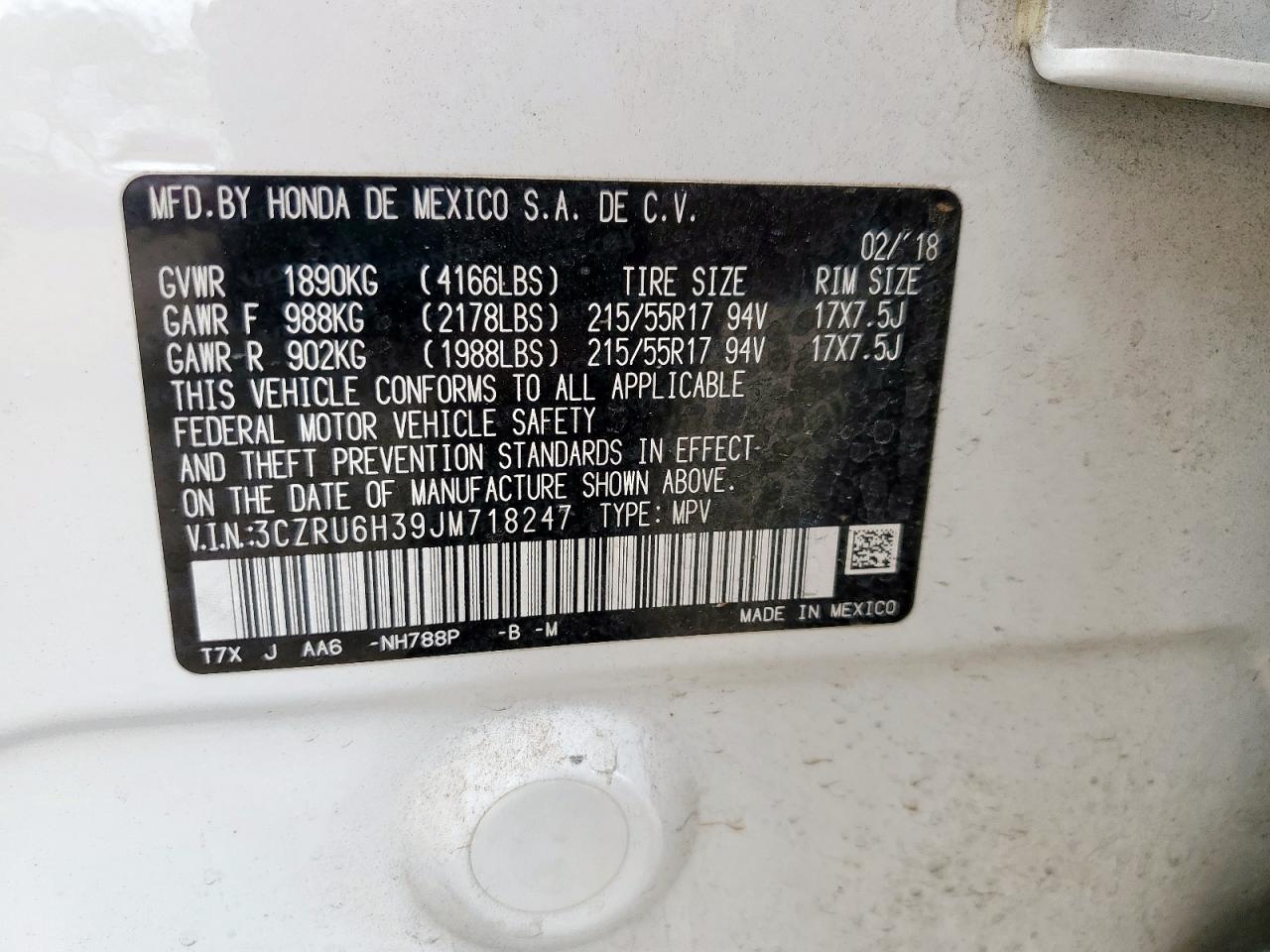 2018 Honda Hr-V Lx VIN: 3CZRU6H39JM718247 Lot: 63279245