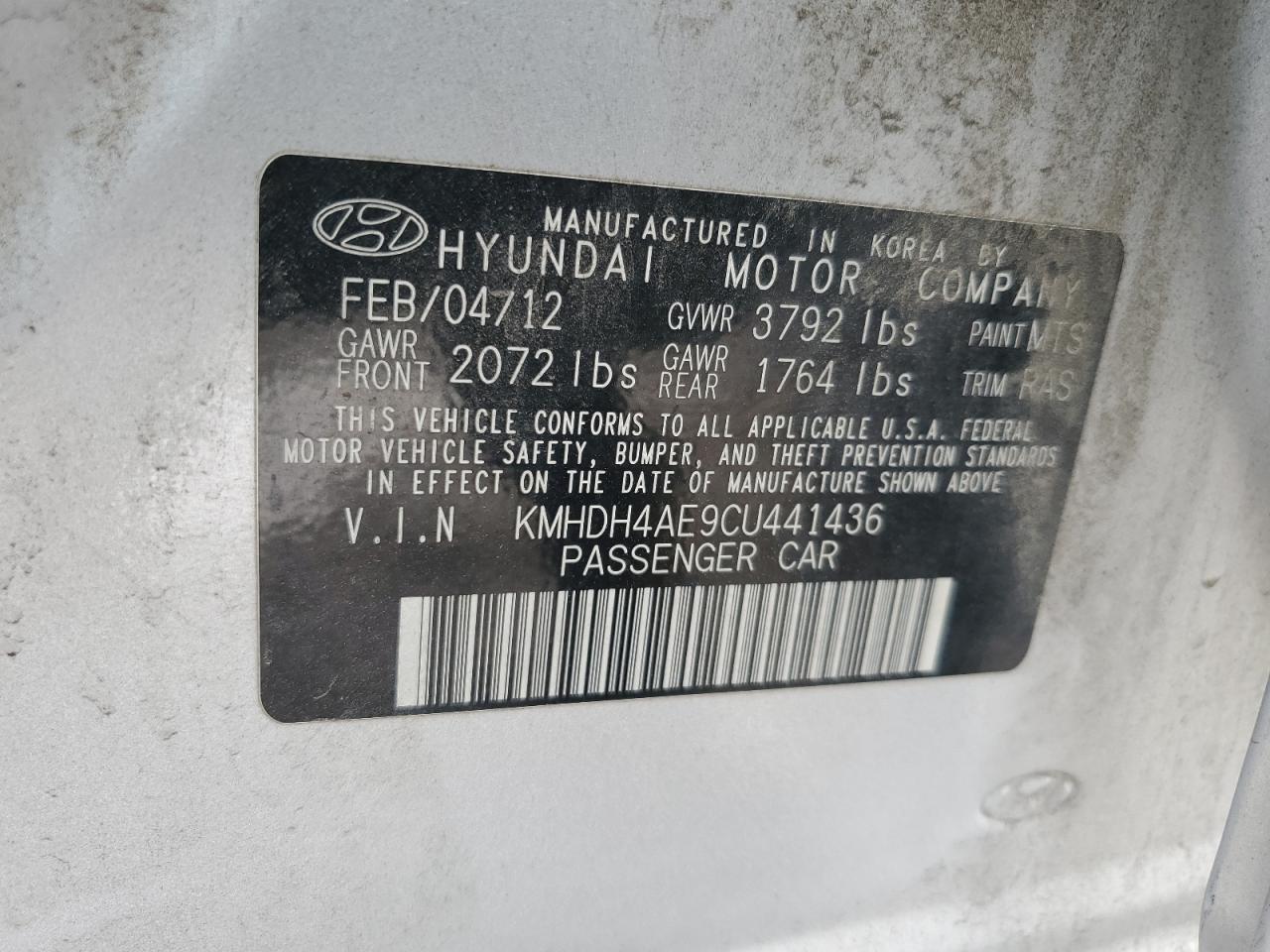 2012 Hyundai Elantra Gls VIN: KMHDH4AE9CU441436 Lot: 64636455