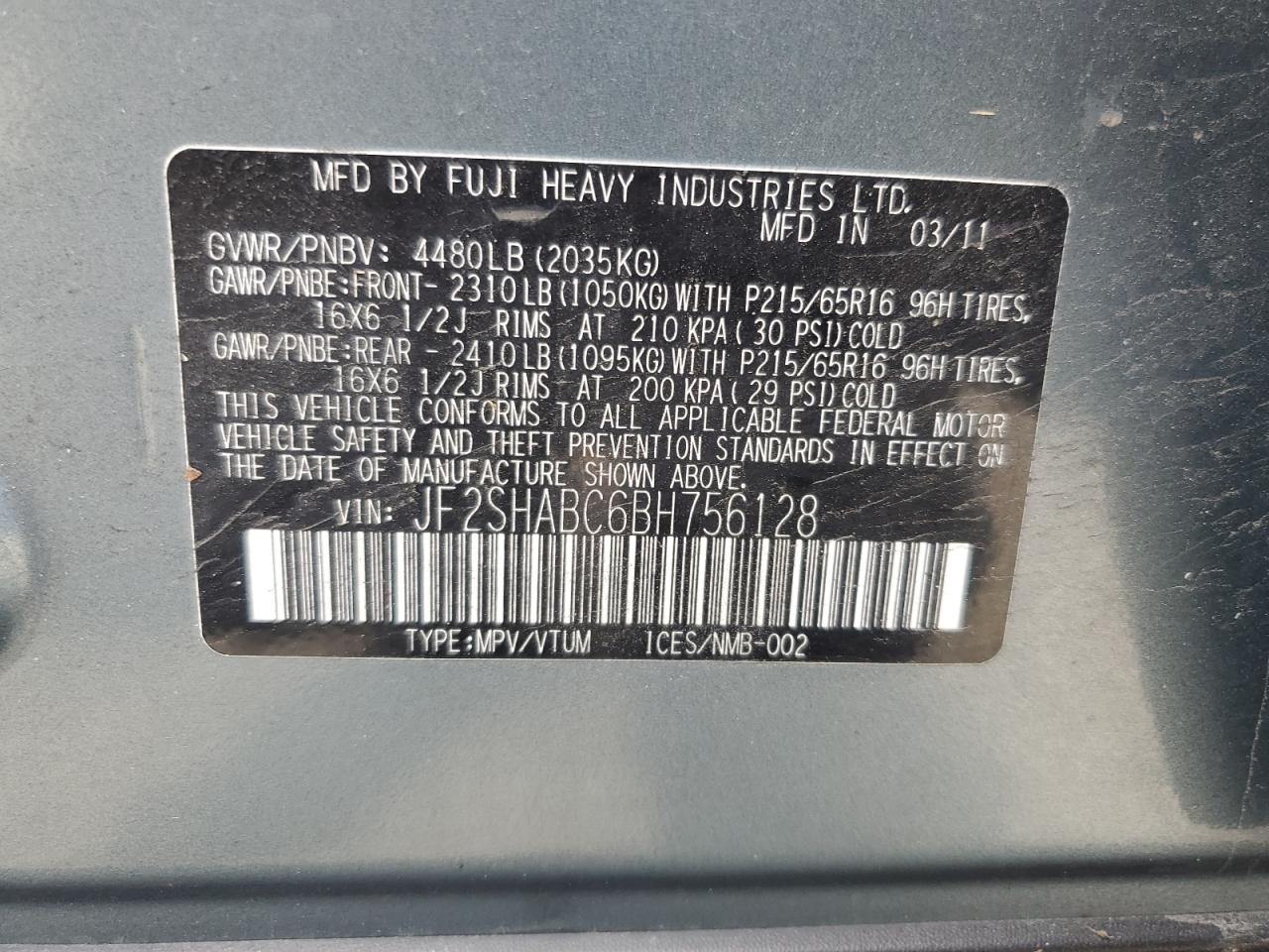 2011 Subaru Forester 2.5X VIN: JF2SHABC6BH756128 Lot: 63136205