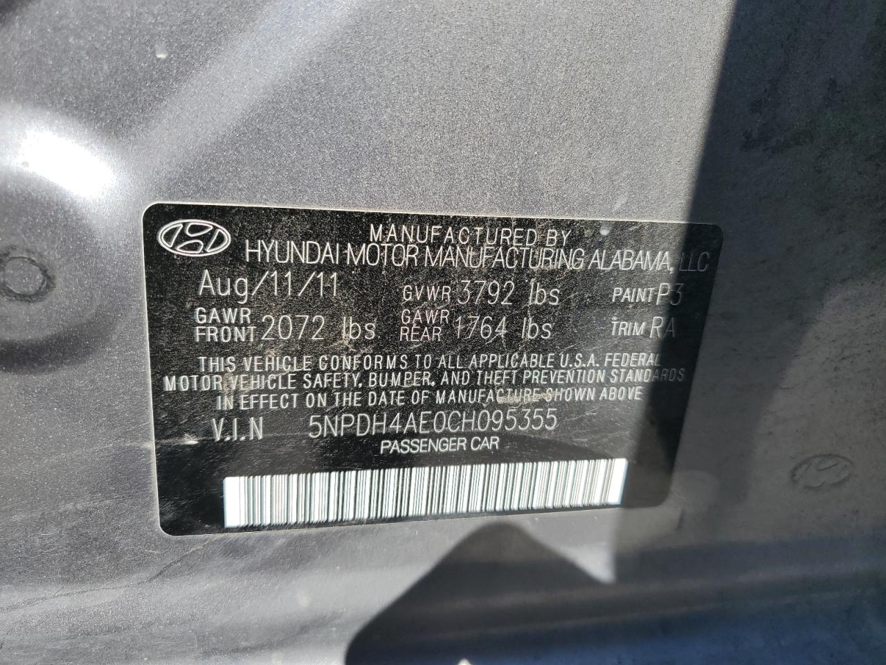 2012 Hyundai Elantra Gls VIN: 5NPDH4AE0CH095355 Lot: 64664485
