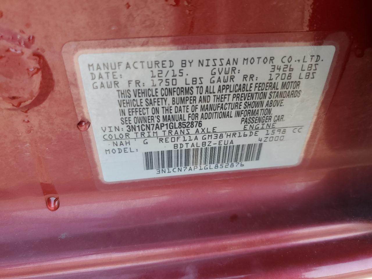 2016 Nissan Versa S VIN: 3N1CN7AP1GL852876 Lot: 66411775