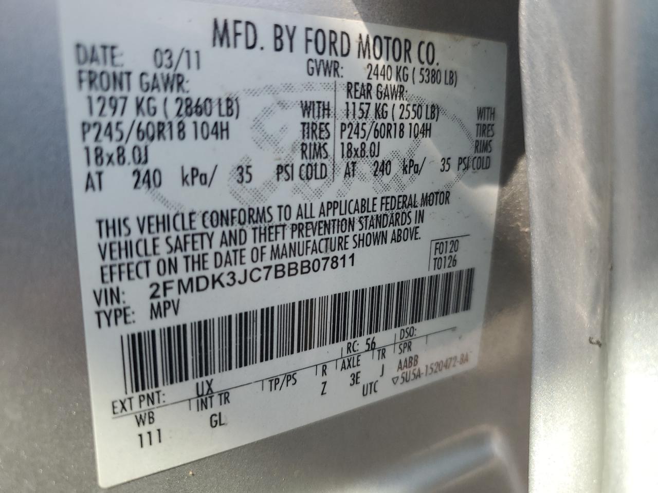 2011 Ford Edge Sel VIN: 2FMDK3JC7BBB07811 Lot: 66039515