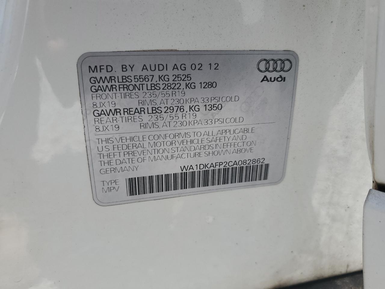 2012 Audi Q5 Premium Plus VIN: WA1DKAFP2CA082862 Lot: 64500115