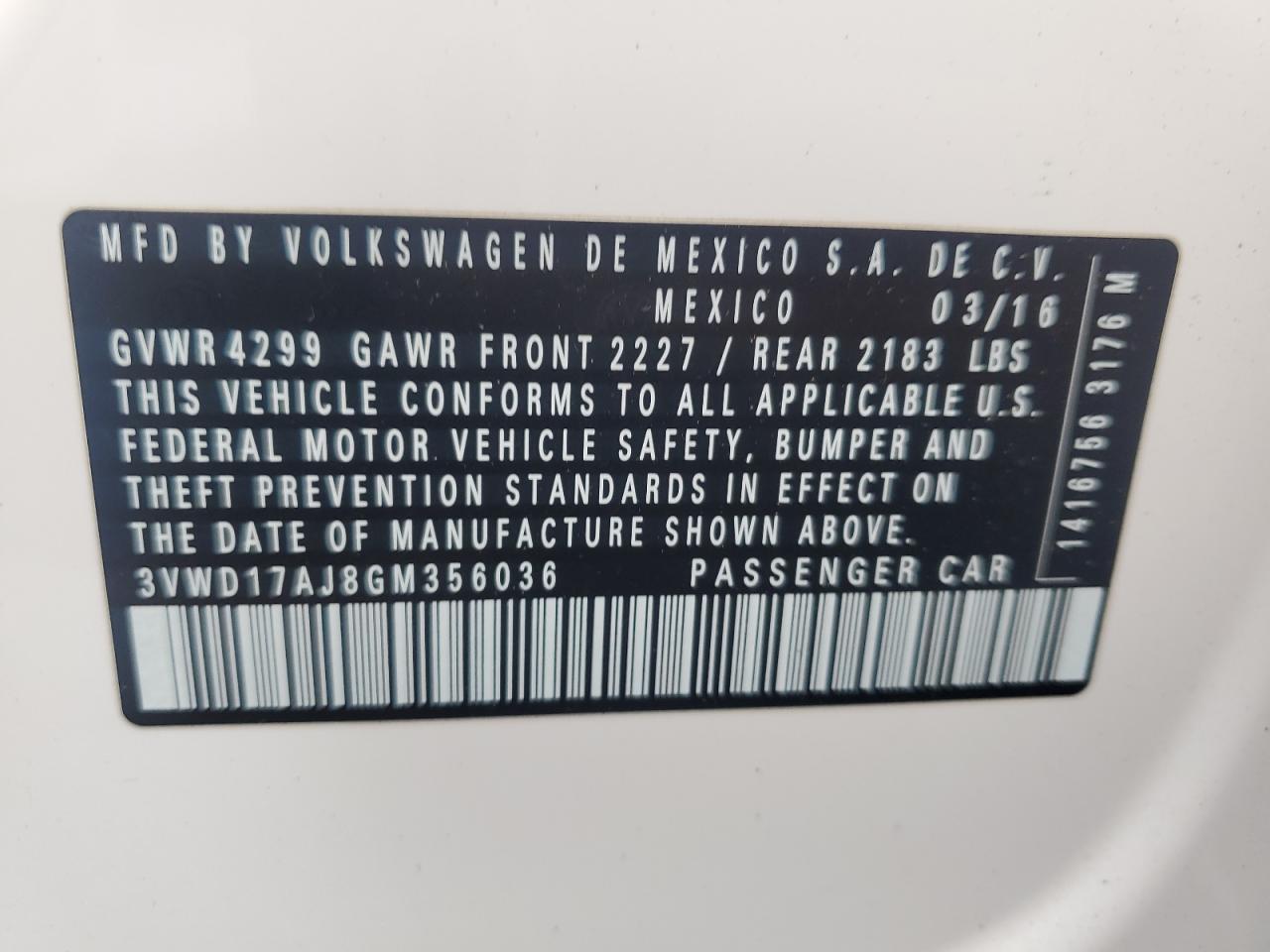 2016 Volkswagen Jetta Sport VIN: 3VWD17AJ8GM356036 Lot: 65323205
