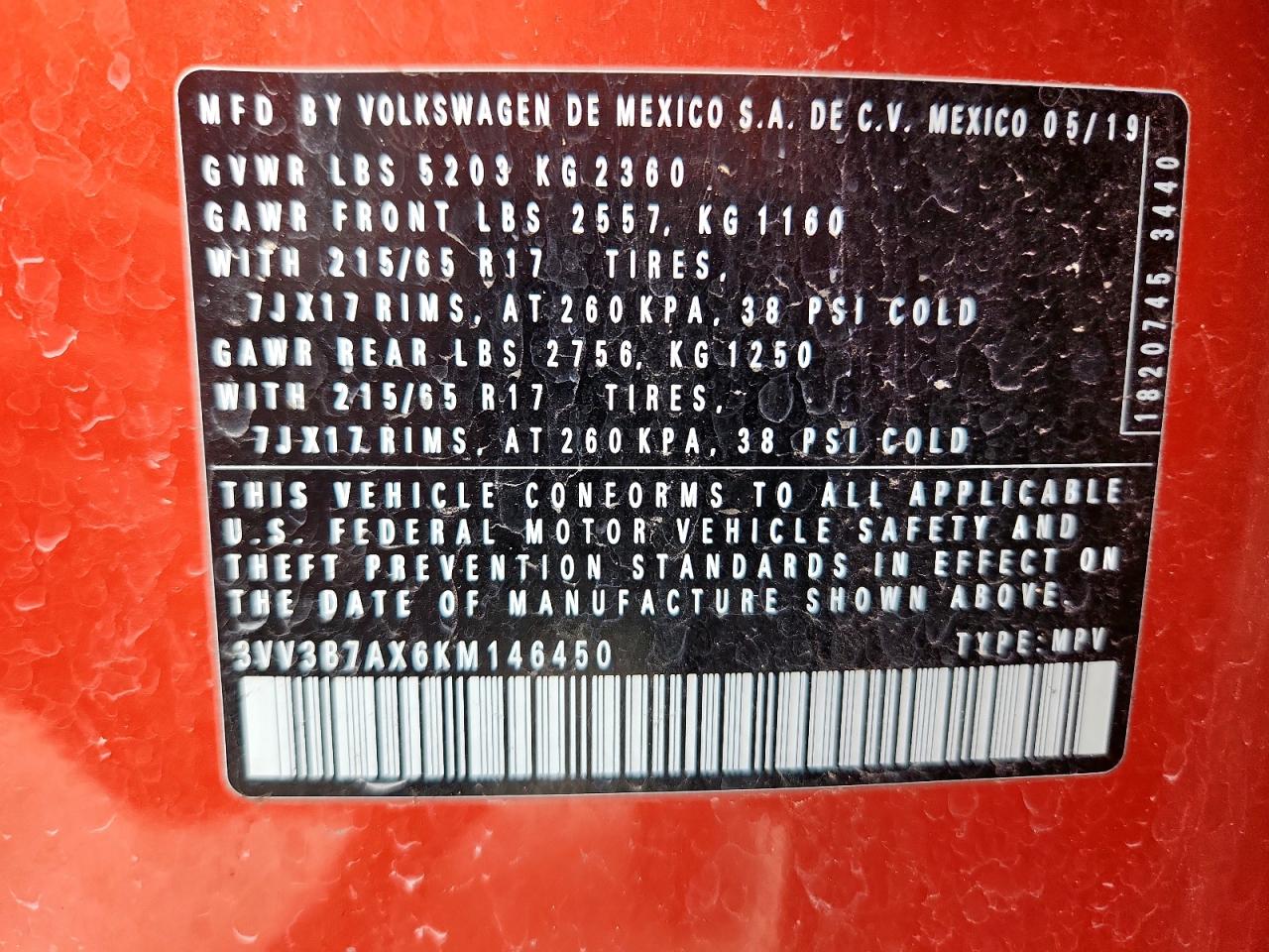 2019 Volkswagen Tiguan Se VIN: 3VV3B7AX6KM146450 Lot: 61754915