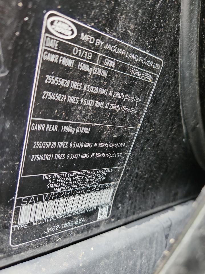 2019 Land Rover Range Rover Sport Hse VIN: SALWR2RV9KA845302 Lot: 64290465