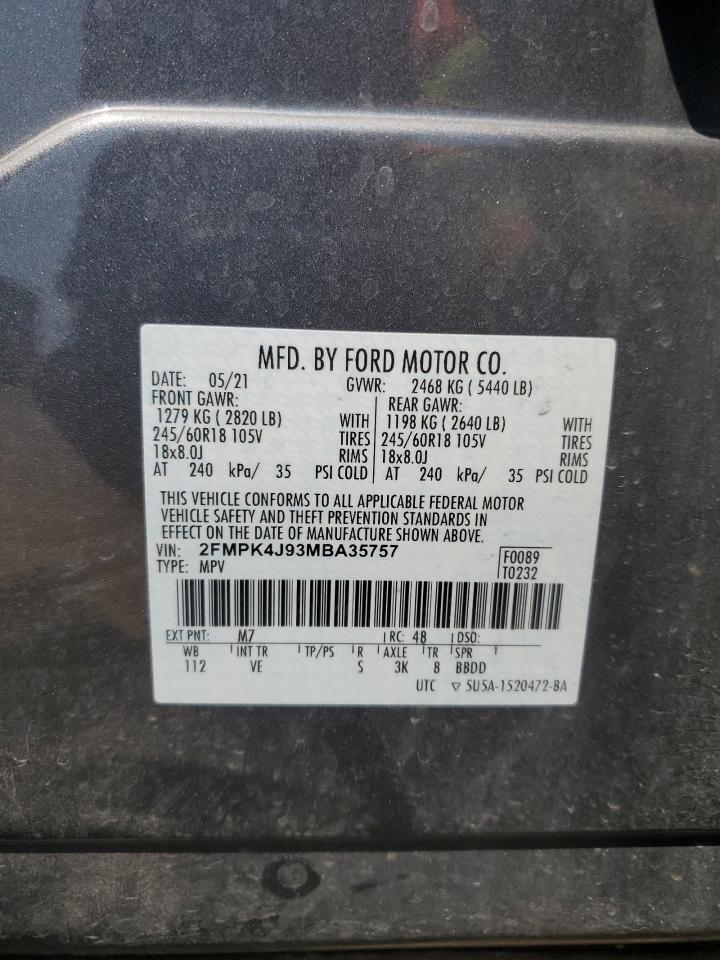2021 Ford Edge Sel VIN: 2FMPK4J93MBA35757 Lot: 64755375