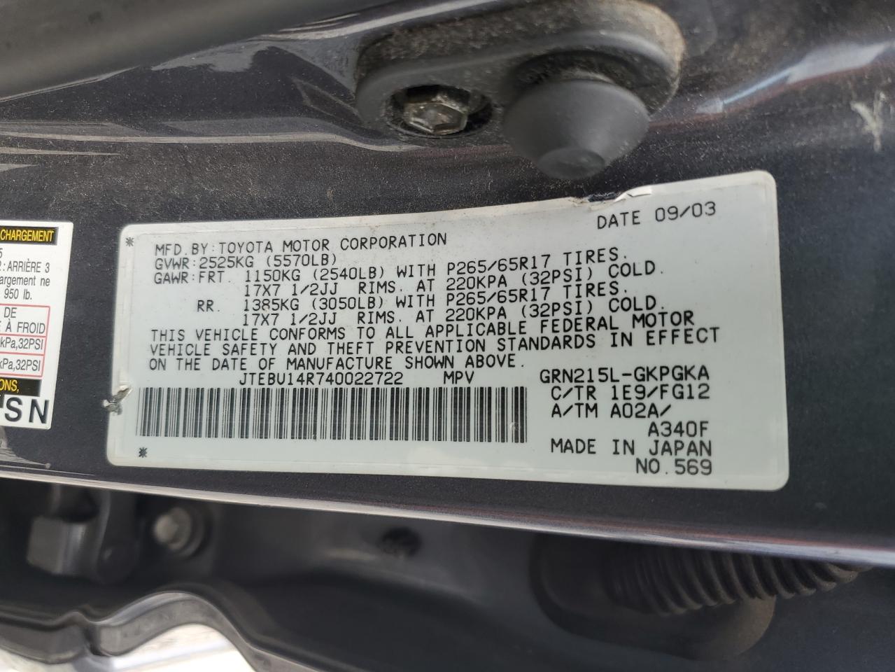 2004 Toyota 4Runner Sr5 VIN: JTEBU14R740022722 Lot: 65675695