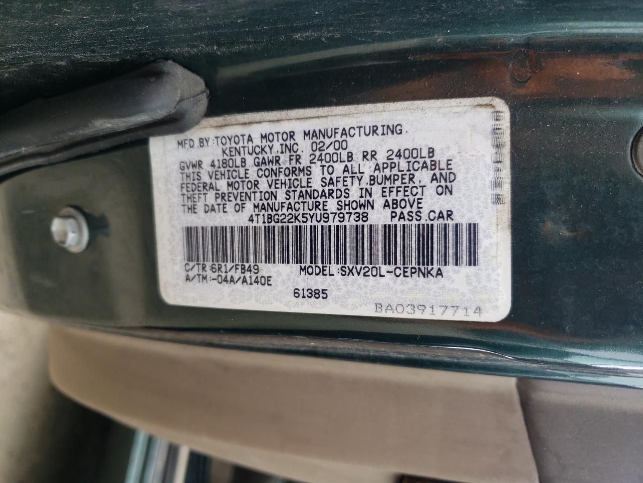 2000 Toyota Camry Ce VIN: 4T1BG22K5YU979738 Lot: 65011945