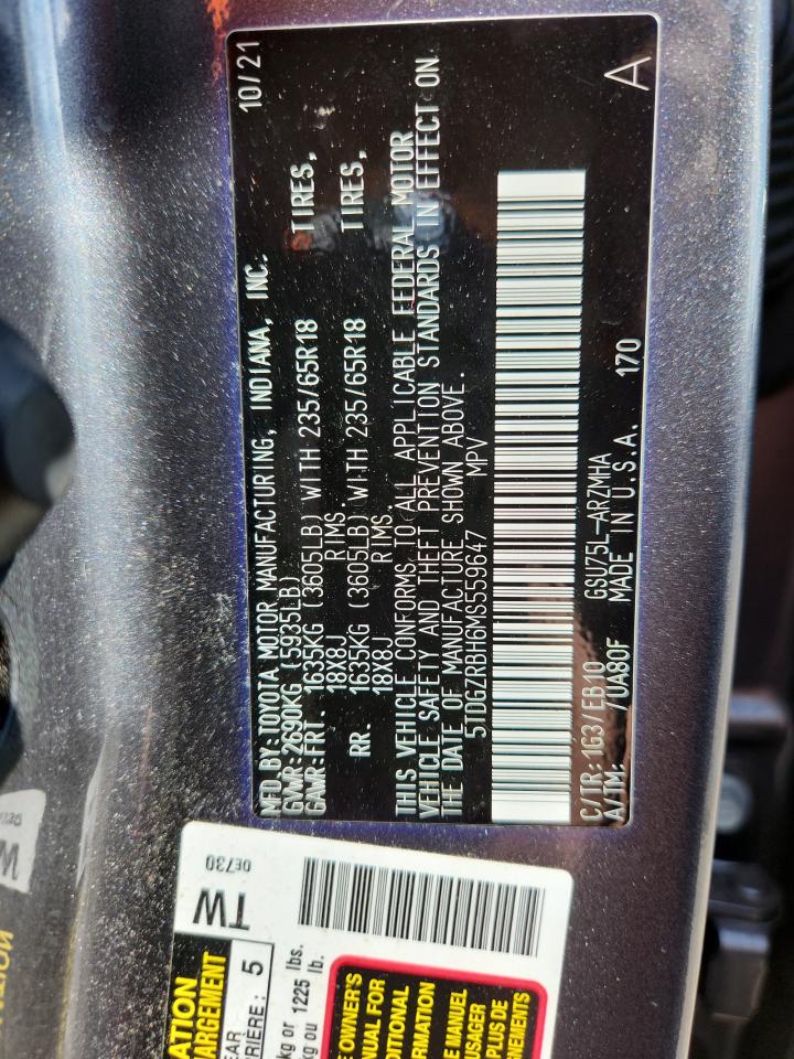 2021 Toyota Highlander Xle VIN: 5TDGZRBH6MS559647 Lot: 65631325