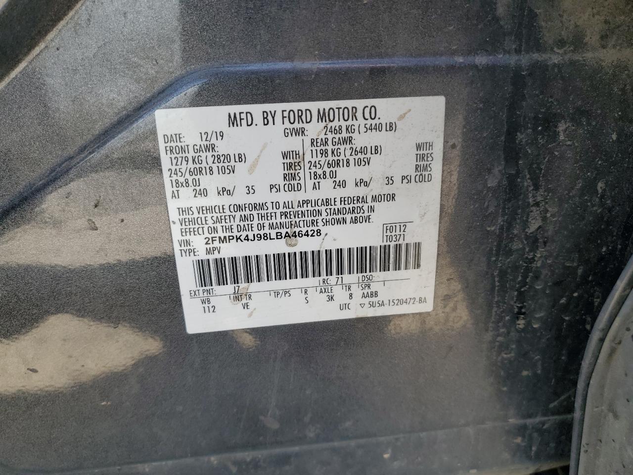 2020 Ford Edge Sel VIN: 2FMPK4J98LBA46428 Lot: 64906245