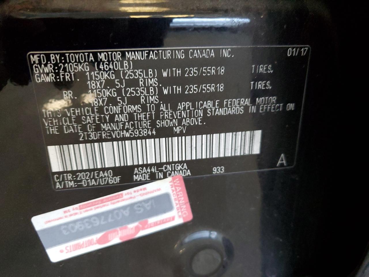 2017 Toyota Rav4 Limited VIN: 2T3DFREV0HW593844 Lot: 64005465