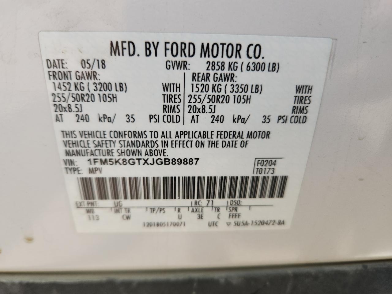 2018 Ford Explorer Sport VIN: 1FM5K8GTXJGB89887 Lot: 65652625