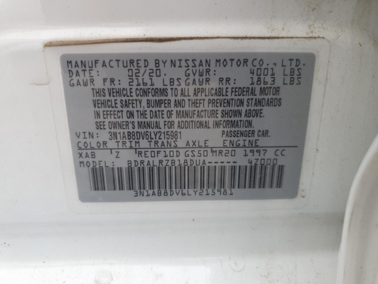 2020 Nissan Sentra Sr VIN: 3N1AB8DV6LY215981 Lot: 65001565