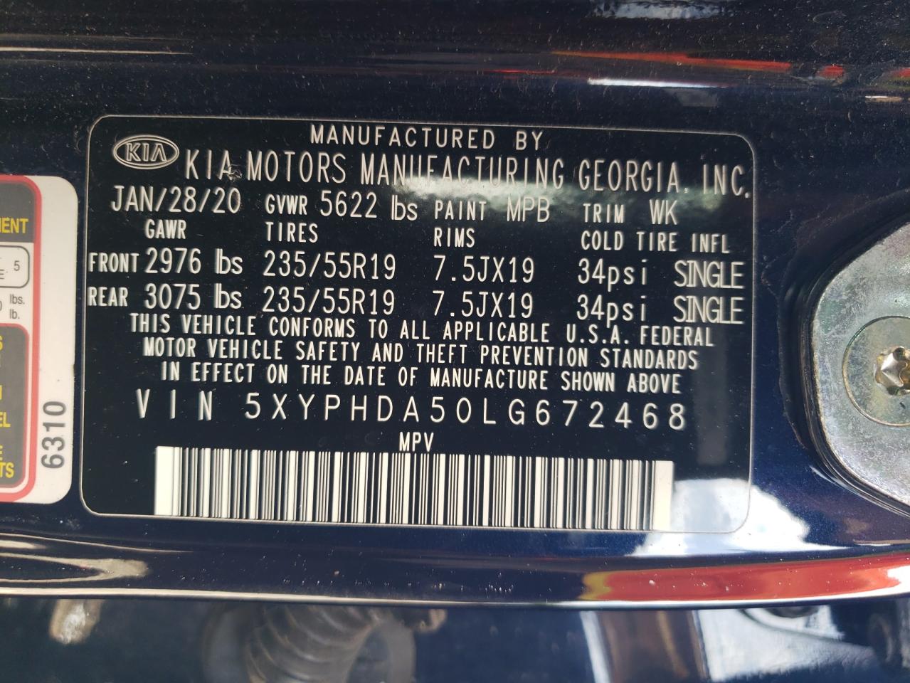 2020 Kia Sorento Ex VIN: 5XYPHDA50LG672468 Lot: 65155085