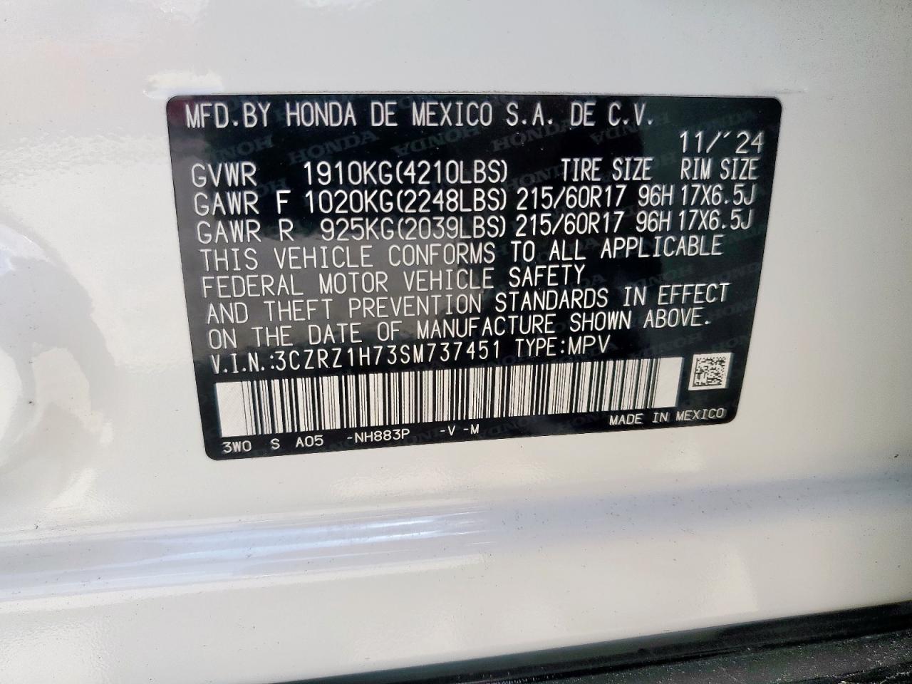 2025 Honda Hr-V Exl VIN: 3CZRZ1H73SM737451 Lot: 65236775