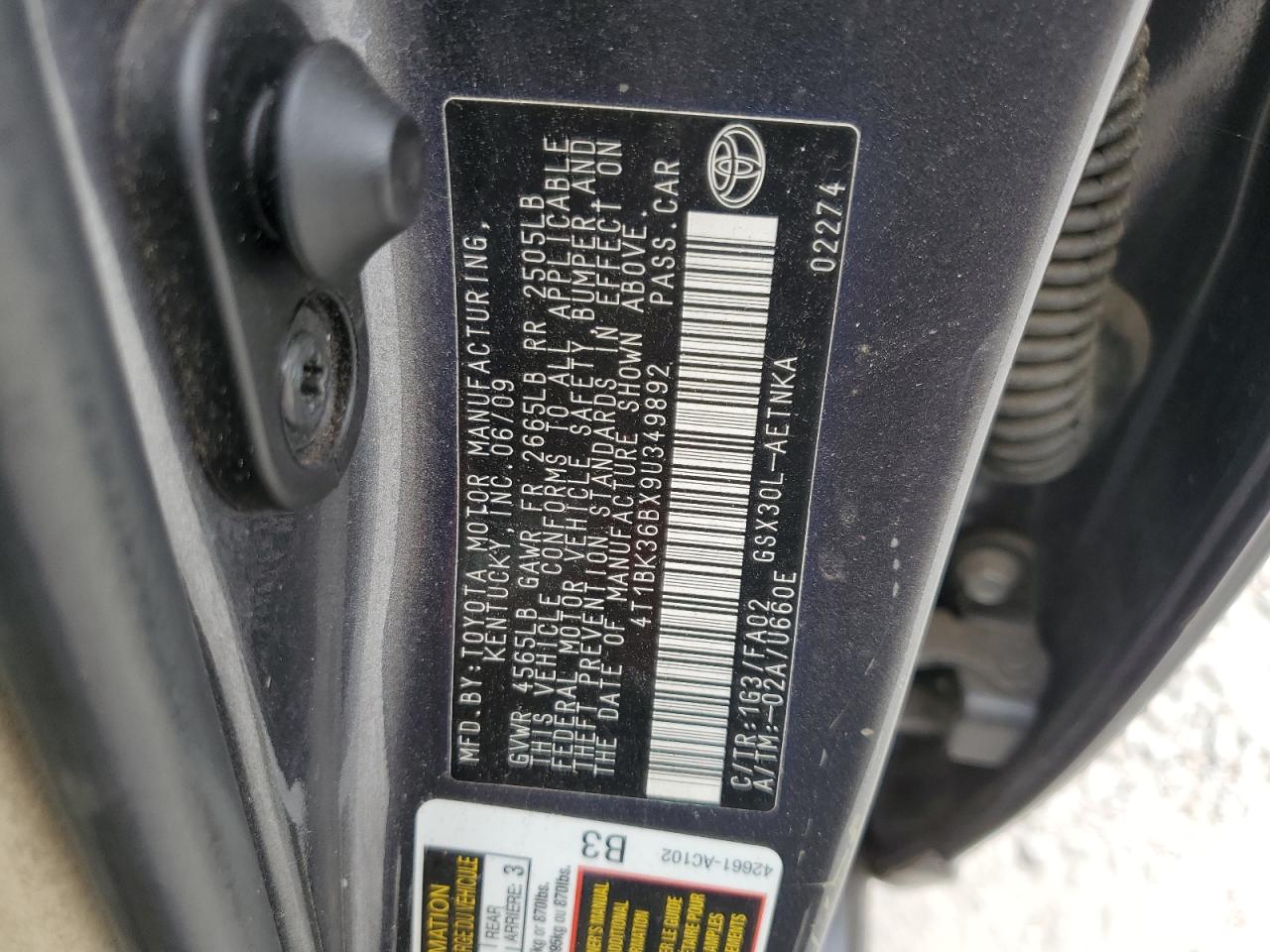 2009 Toyota Avalon Xl VIN: 4T1BK36BX9U349892 Lot: 64302535