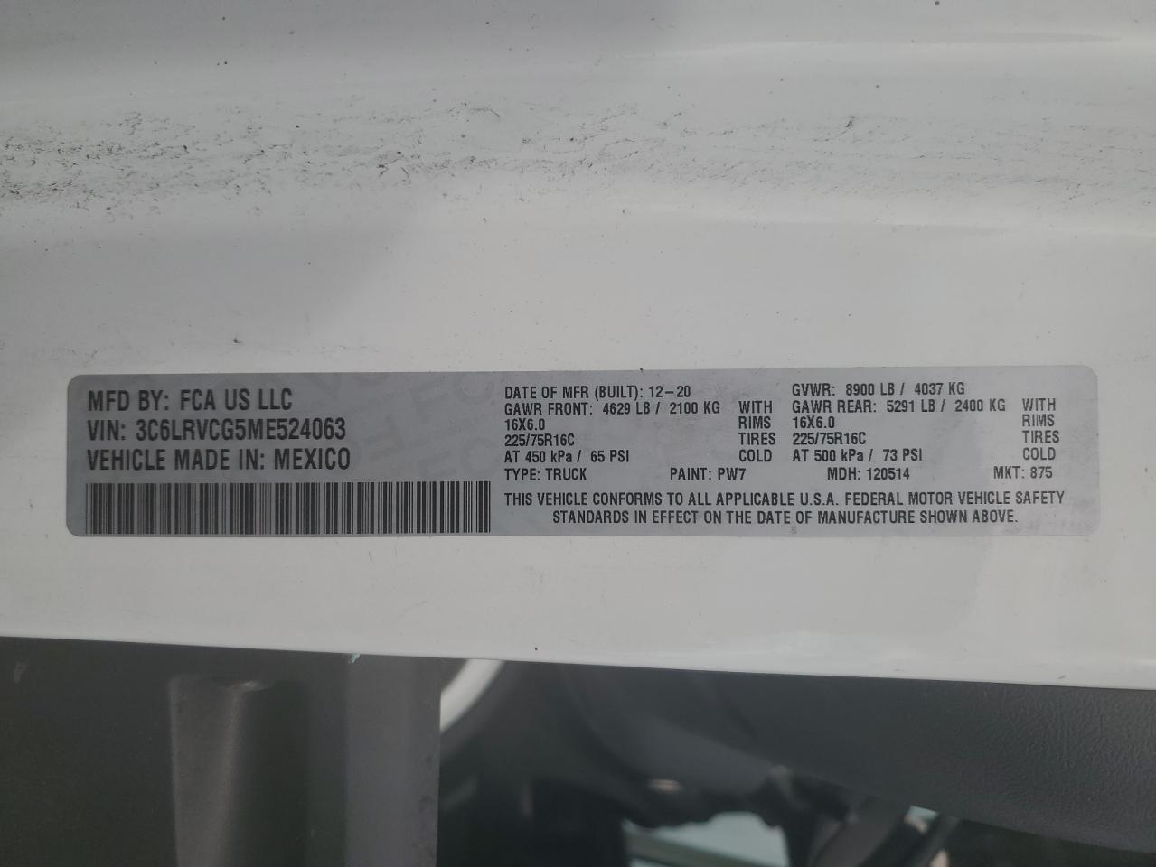 2021 Ram Promaster 2500 2500 High VIN: 3C6LRVCG5ME524063 Lot: 63643415