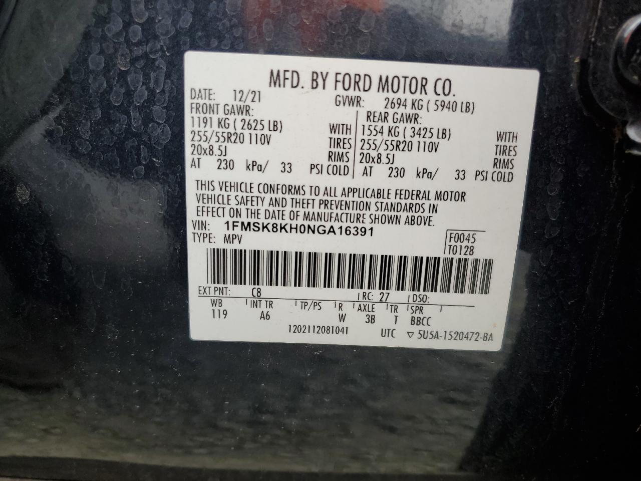 2022 Ford Explorer St-Line VIN: 1FMSK8KH0NGA16391 Lot: 65516205