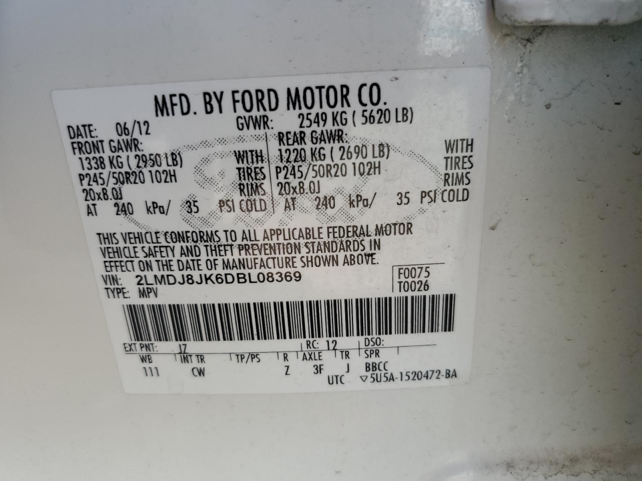 2013 Lincoln Mkx VIN: 2LMDJ8JK6DBL08369 Lot: 66080715