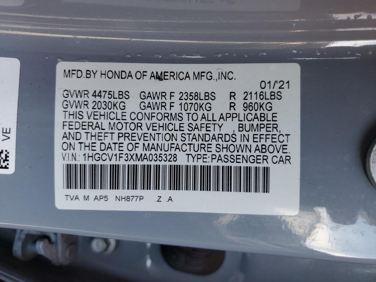 2021 Honda Accord Sport VIN: 1HGCV1F3XMA035328 Lot: 64702565