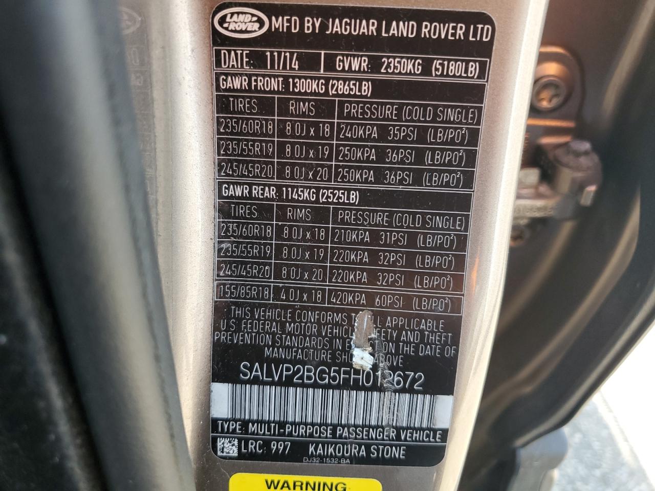 2015 Land Rover Range Rover Evoque Pure Plus VIN: SALVP2BG5FH012672 Lot: 63249055