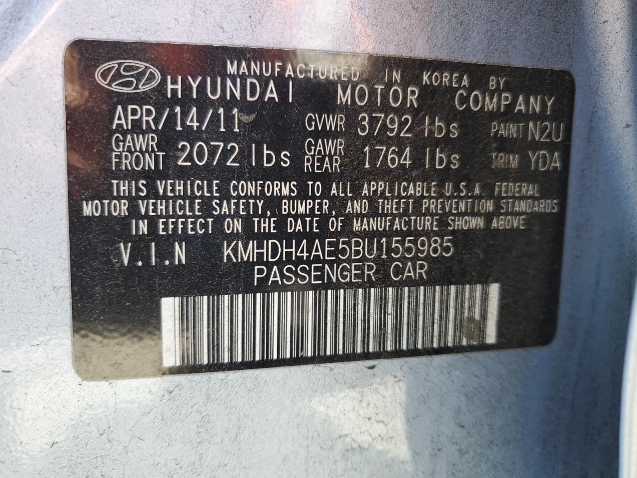 2011 Hyundai Elantra Gls VIN: KMHDH4AE5BU155985 Lot: 63345285