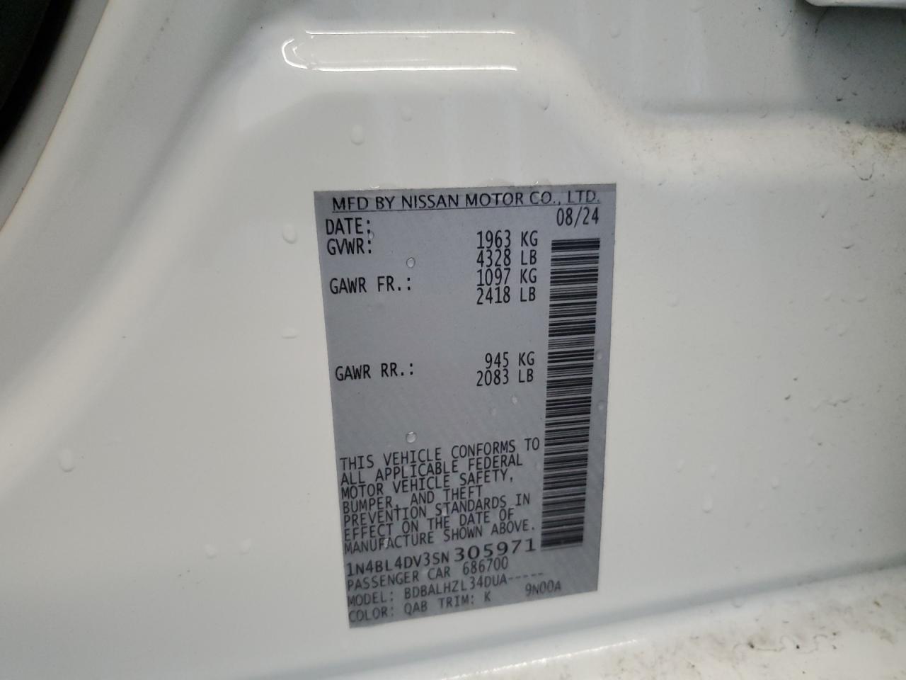 2025 Nissan Altima Sv VIN: 1N4BL4DV3SN305971 Lot: 64355245