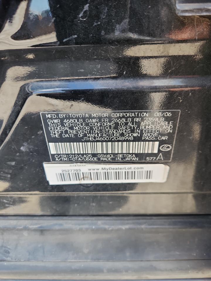 2007 Lexus Es 350 VIN: JTHBJ46G072048998 Lot: 63861845