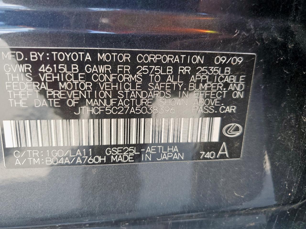 2010 Lexus Is 250 VIN: JTHCF5C27A5038396 Lot: 63698345