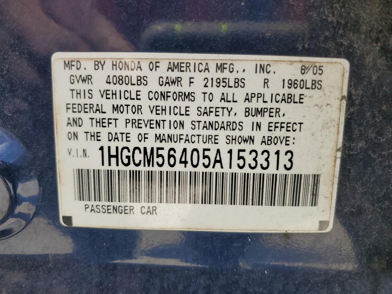 2005 Honda Accord Lx VIN: 1HGCM56405A153313 Lot: 64509175