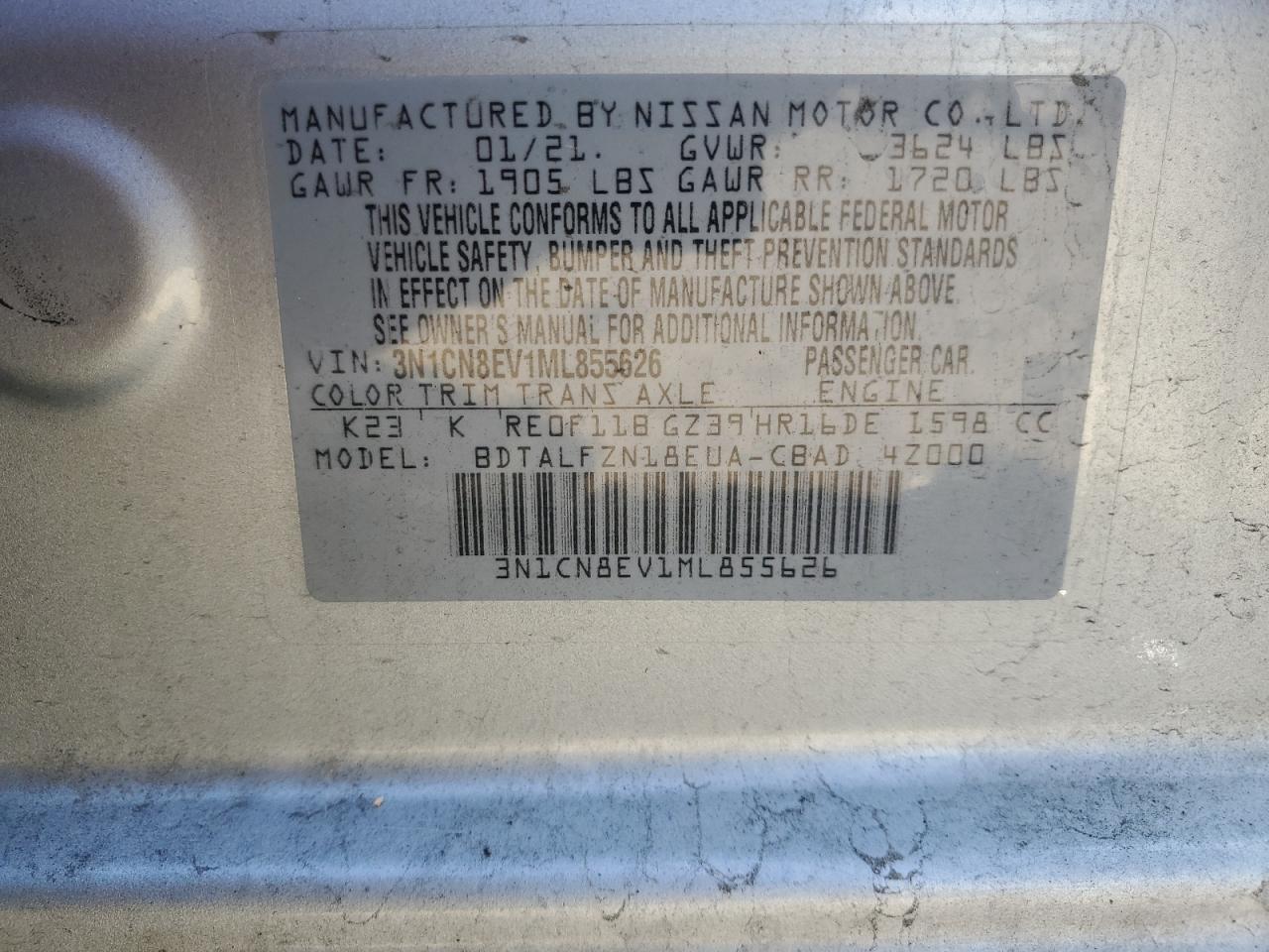 2021 Nissan Versa Sv VIN: 3N1CN8EV1ML855626 Lot: 61956665