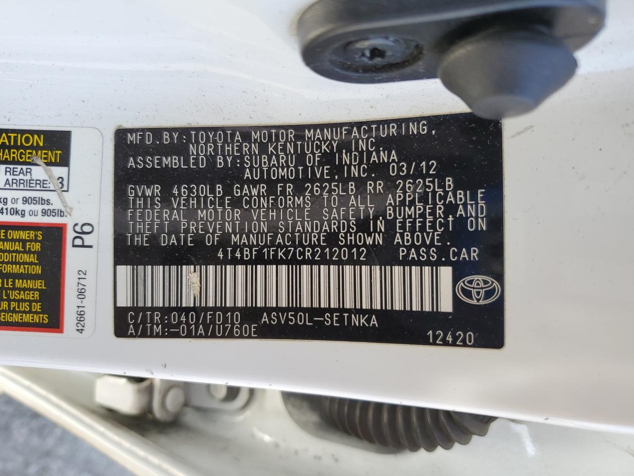 2012 Toyota Camry Base VIN: 4T4BF1FK7CR212012 Lot: 64550125