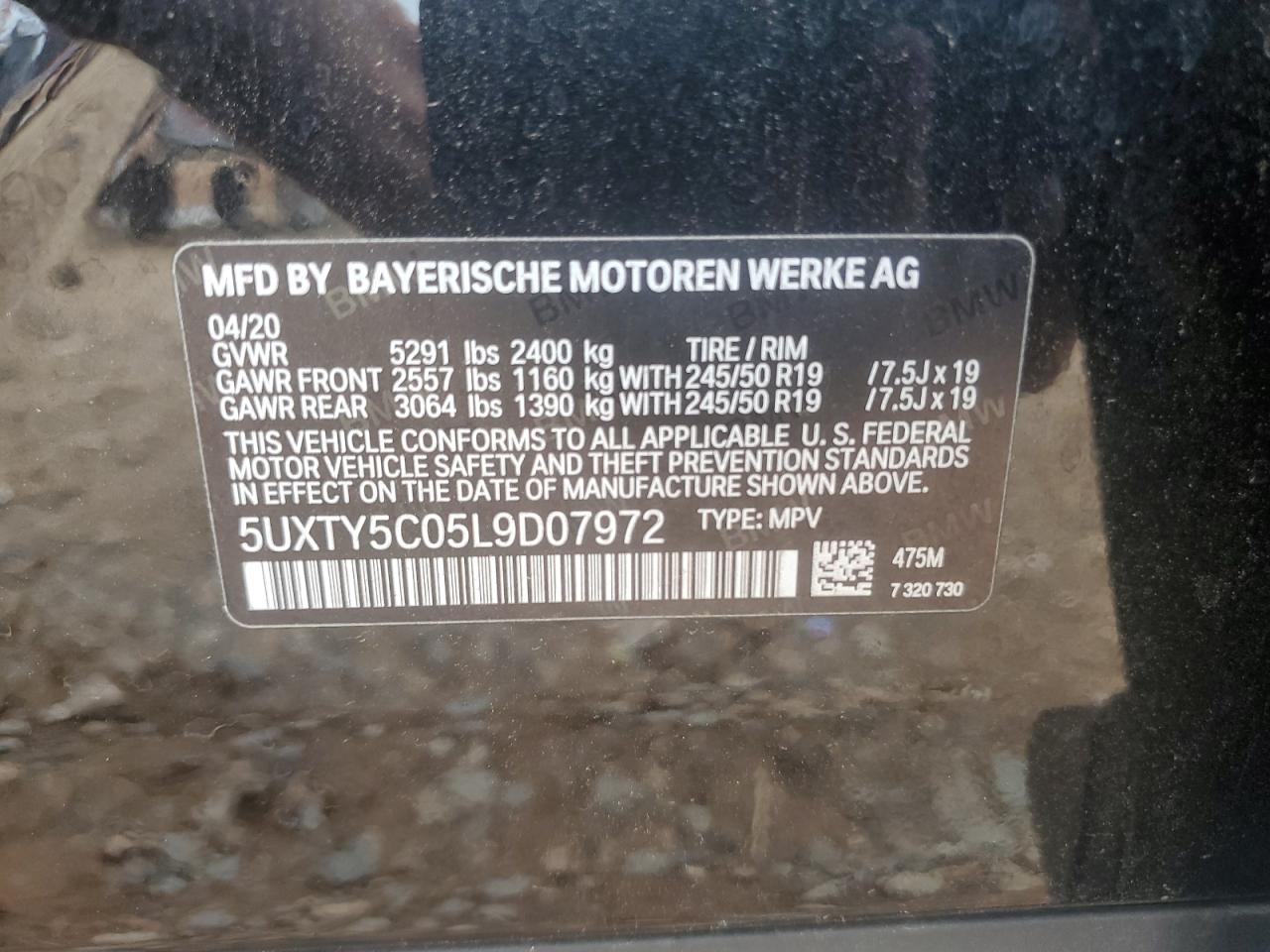 2020 BMW X3 xDrive30I VIN: 5UXTY5C05L9D07972 Lot: 62825055