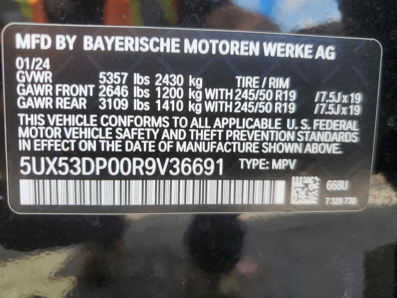 2024 BMW X3 xDrive30I VIN: 5UX53DP00R9V36691 Lot: 64261785