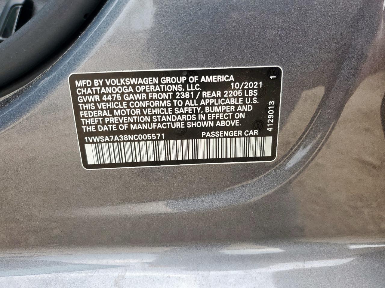 2022 Volkswagen Passat Se VIN: 1VWSA7A38NC005571 Lot: 63812965